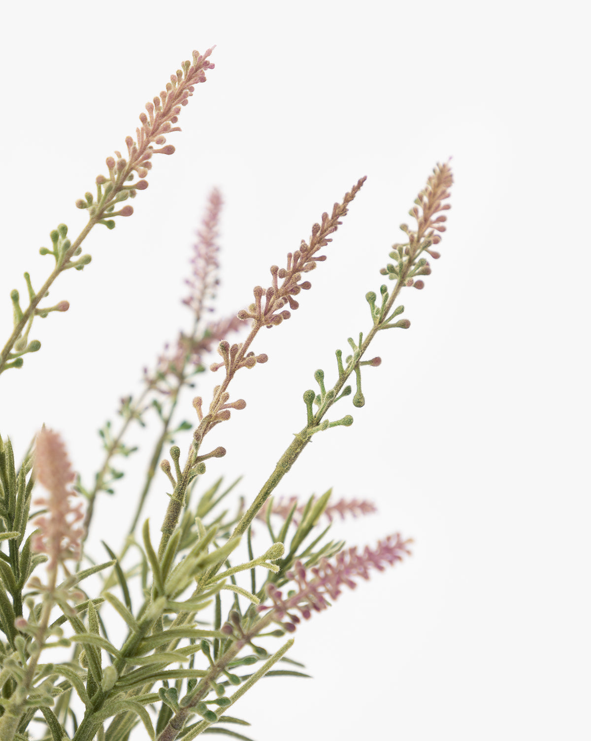 The Potted Faux Lavender Topiary features lifelike green stems and small purple buds arranged in a terracotta pot, shown against a white background to highlight its delicate texture and soft, charming colors.