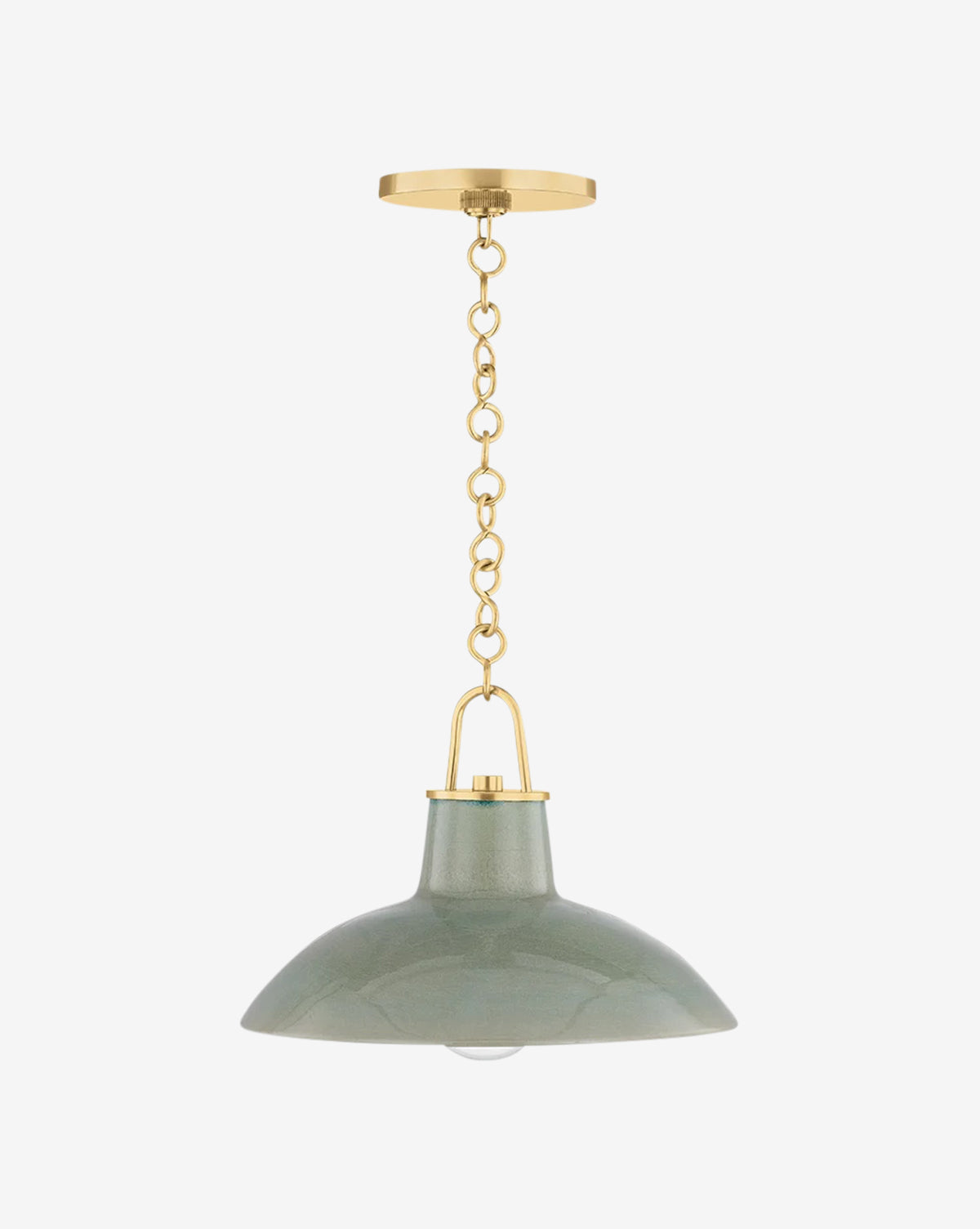 The Pottersville Pendant pairs a gold mounting plate and chain with a green wide-brimmed shade and exposed bulb, showcasing elegant finishes and mid-century style for standout appeal against a plain white backdrop, by McGee & Co.