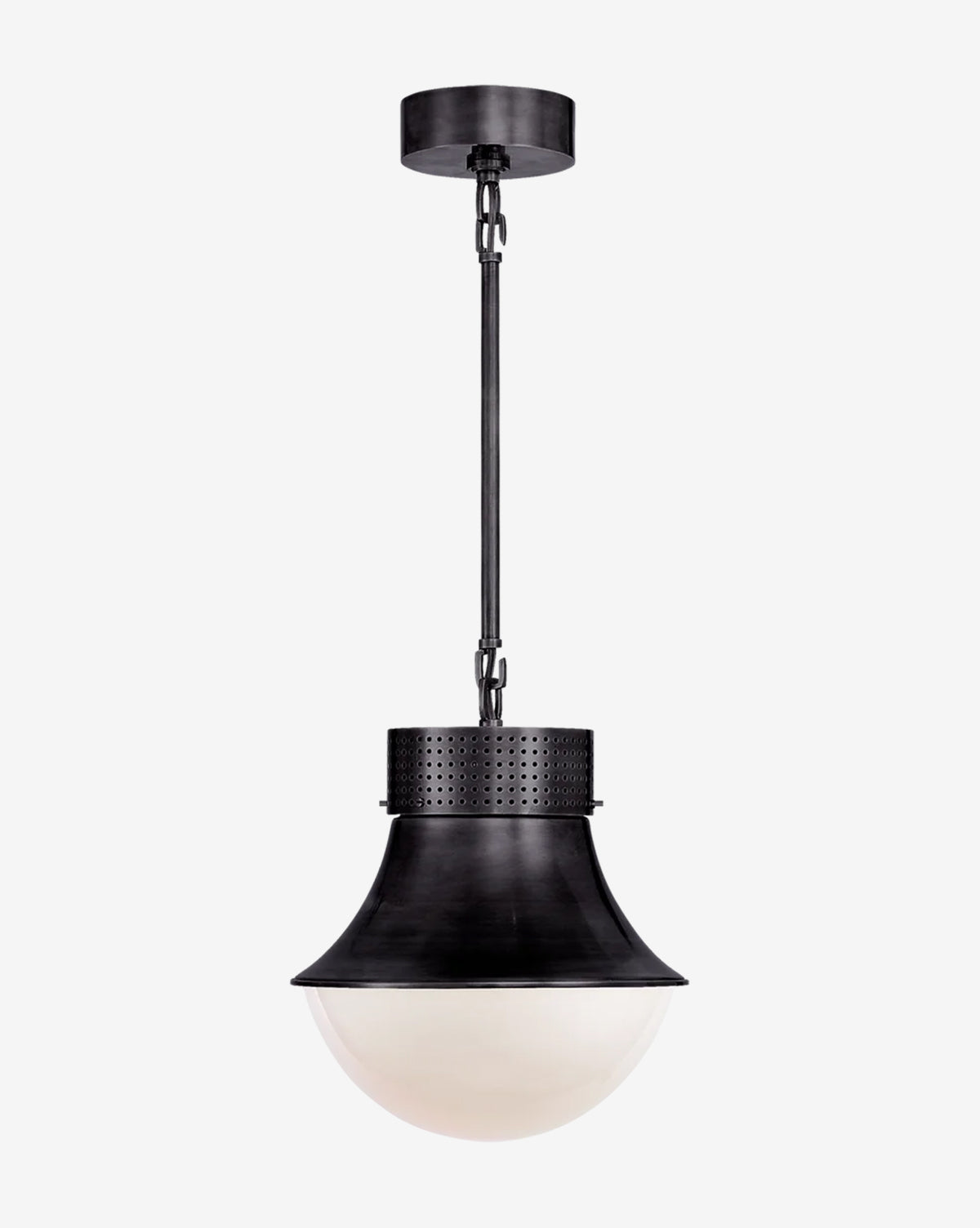 The Precision Pendant features a black metal fixture with perforated detail, a rod and chain for hanging, and a round white glass shade—adding modern, eclectic lighting to any space, by McGee & Co.