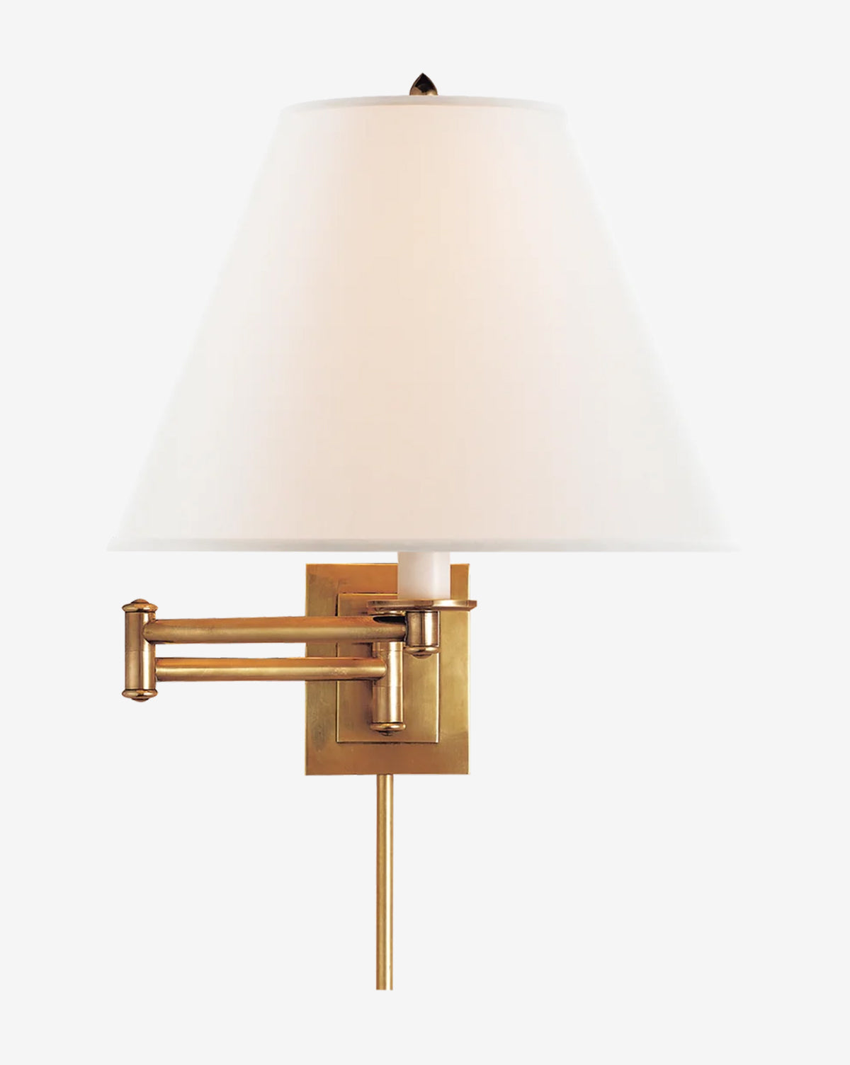 The Primitive Swing Arm Wall Light by Visual Comfort & Co. Signature features a brass wall-mounted swing arm, rectangular base, and white conical shade—ideal for stylish, functional lighting in your reading nook. Pictured on a plain white background. McGee & Co.