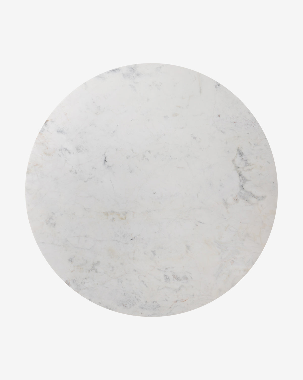 The Priya Dining Table features a round, white marble top with subtle gray veining, displayed on a plain white background by McGee & Co.
