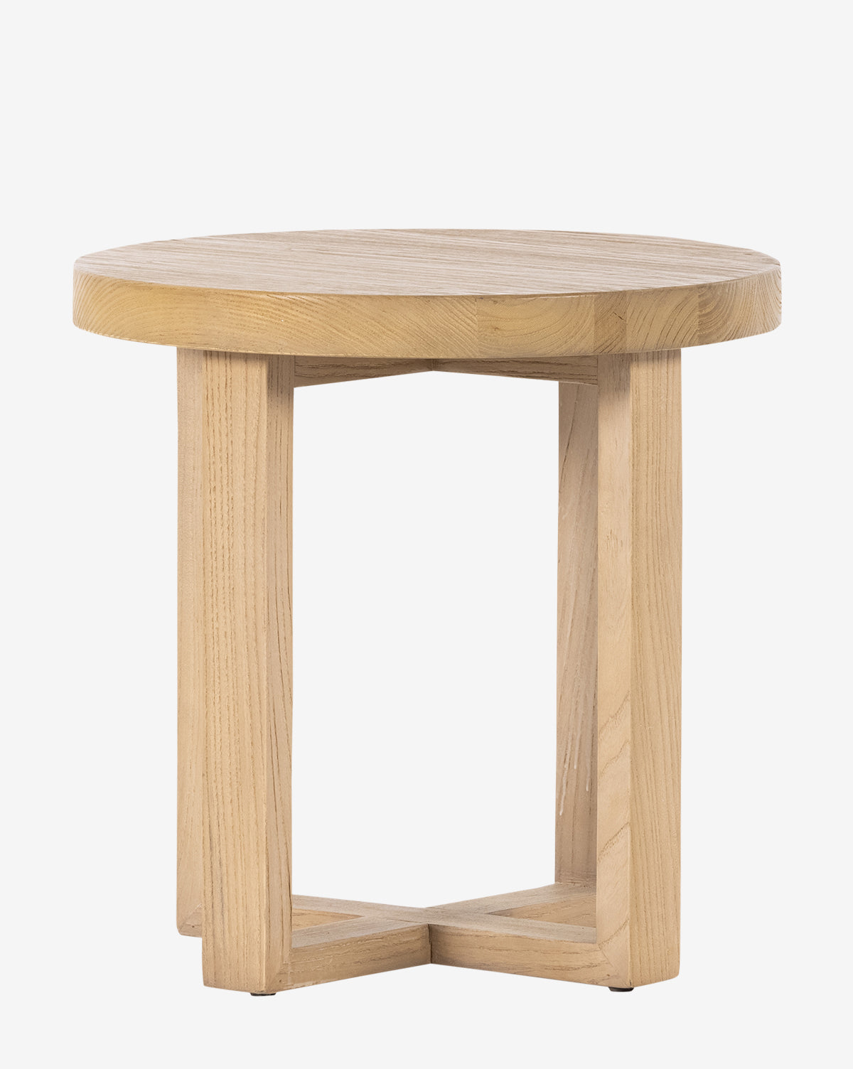 The Prudence End Table showcases a natural finish and solid nettlewood build, highlighting its smooth round top and distinctive intersecting rectangular legs against a plain white background, by McGee & Co.