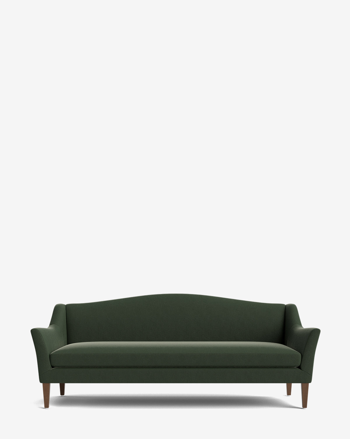 A dark green Prudence Sofa 78 with a classic silhouette, curved backrest, angled armrests, and wooden legs is crafted from high-quality fabrics and set against a plain white background by McGee & Co.