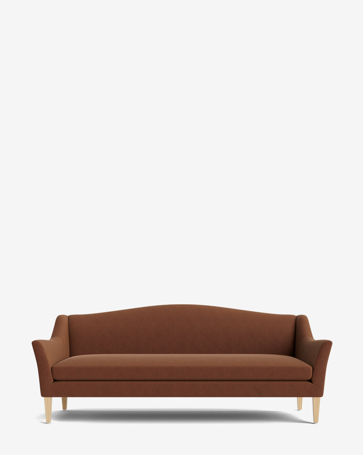 The Prudence Sofa 78 showcases a classic silhouette with a curved backrest, slightly flared arms, and light wooden legs, all upholstered in premium fabric and displayed against a plain white background by McGee & Co.