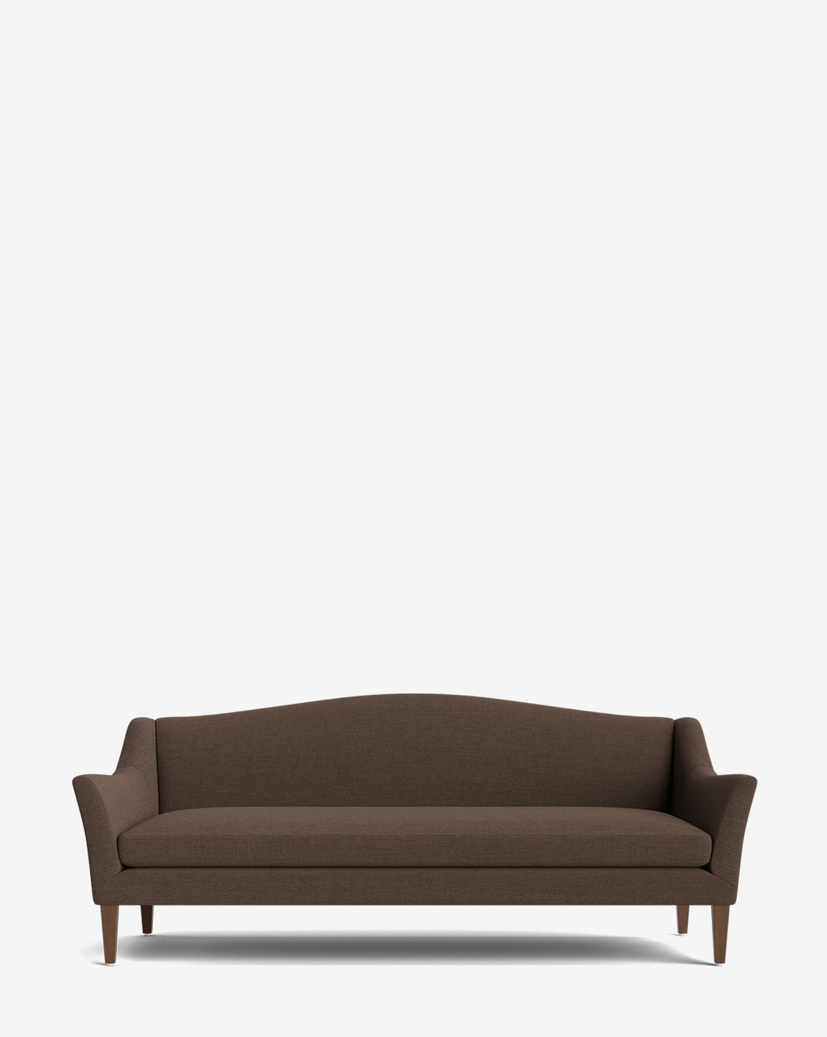 The Prudence Sofa 78 showcases a classic silhouette with brown high-quality upholstery, a curved backrest, angled armrests, and wooden legs—all set against a plain white background by McGee & Co.
