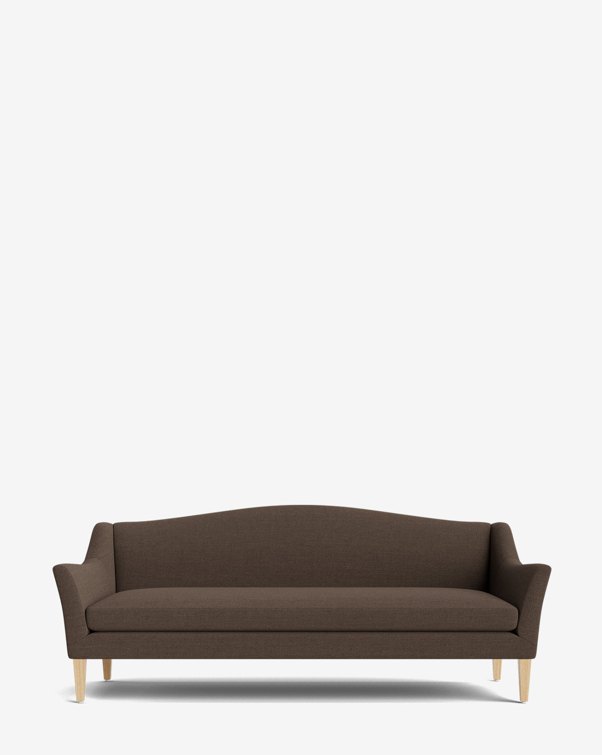 The Prudence Sofa 78, made from high-quality fabrics, showcases a classic silhouette with gently curved armrests, a slightly arched backrest, wooden legs, and a modern design that stands out against the plain white background by McGee & Co.