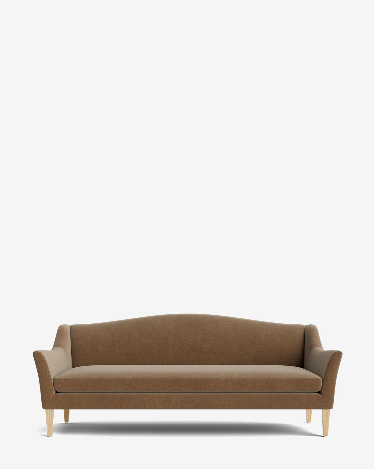The Prudence Sofa 78 showcases high-quality brown upholstery, lightly curved armrests and backrest, wooden legs, and a minimalist silhouette set against a plain white background by McGee & Co.