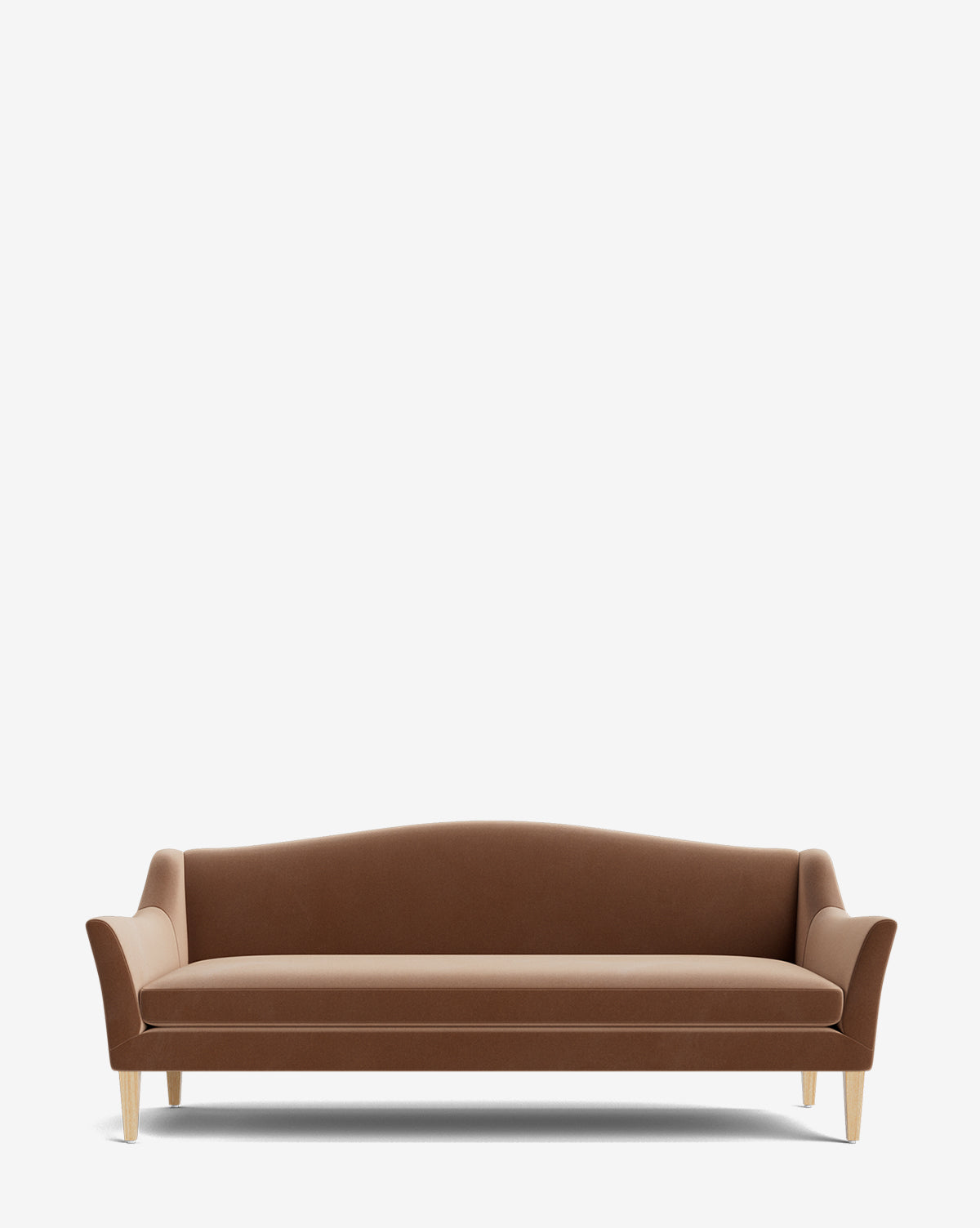 The Prudence Sofa 78 showcases brown high-quality fabric upholstery, curved armrests, and light wooden legs, all set against a plain white background, by McGee & Co.
