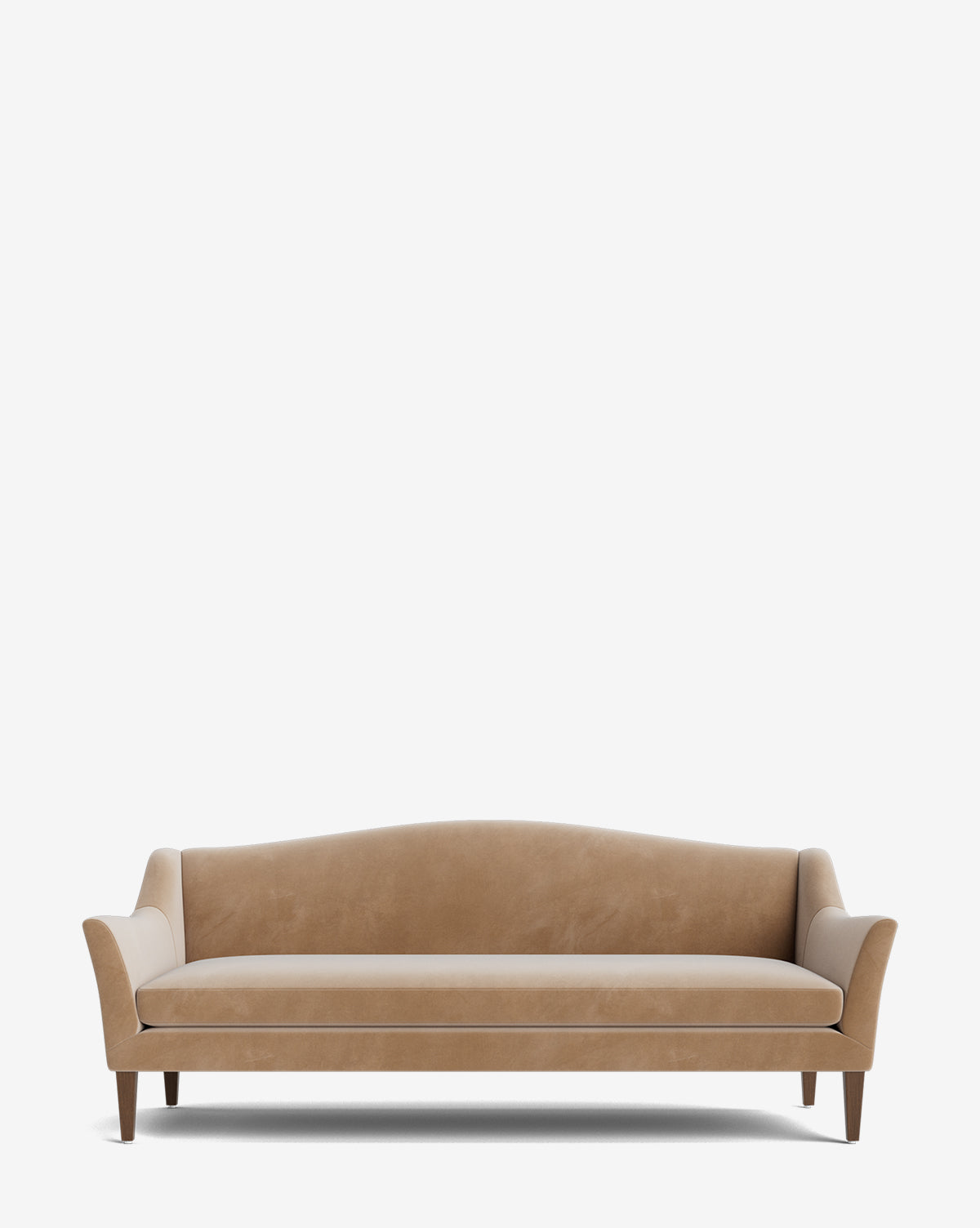 The Prudence Sofa 78 showcases high-quality fabrics, wooden legs, a slightly curved backrest, and slim flared arms, forming a classic silhouette set against a plain white background by McGee & Co.