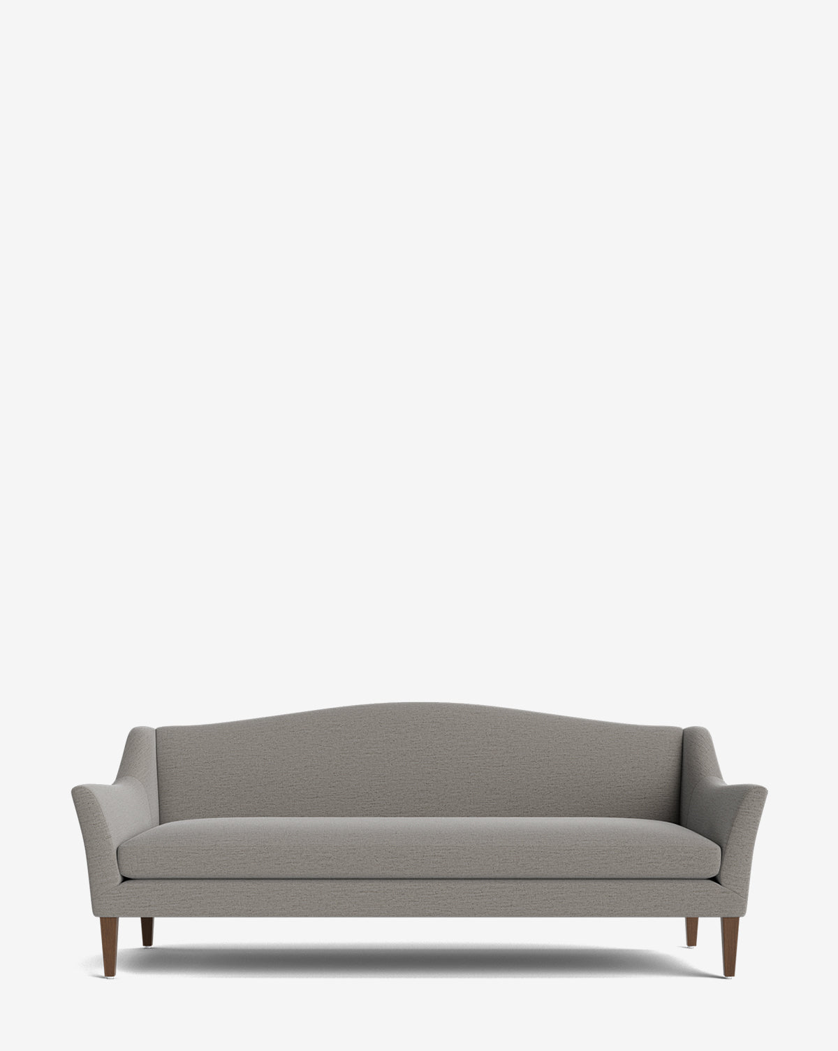 The Prudence Sofa 78 showcases a classic silhouette with a curved backrest, flared arms, and wooden legs. Upholstered in premium grey fabric, this modern sofa stands out against a plain white background by McGee & Co.