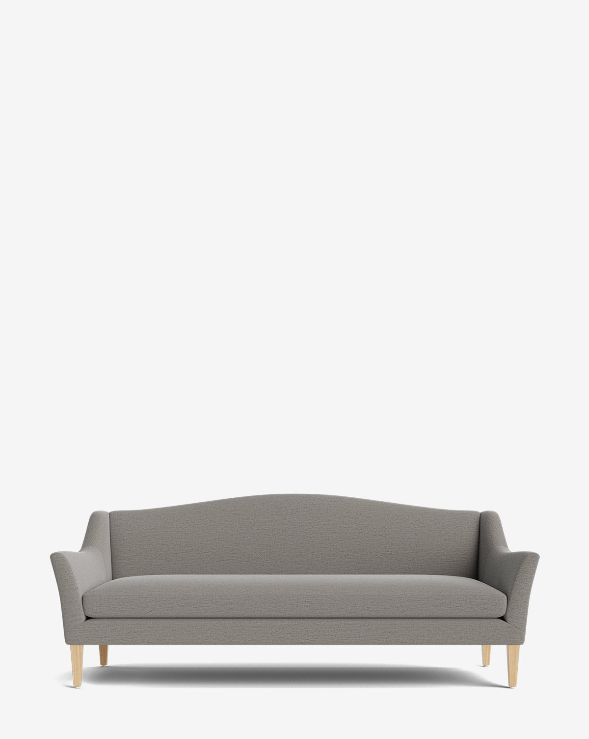 The Prudence Sofa 78 is a modern gray upholstered piece with a classic silhouette, gently curved backrest, and wooden legs, crafted from high-quality fabrics and shown against a plain white background by McGee & Co.