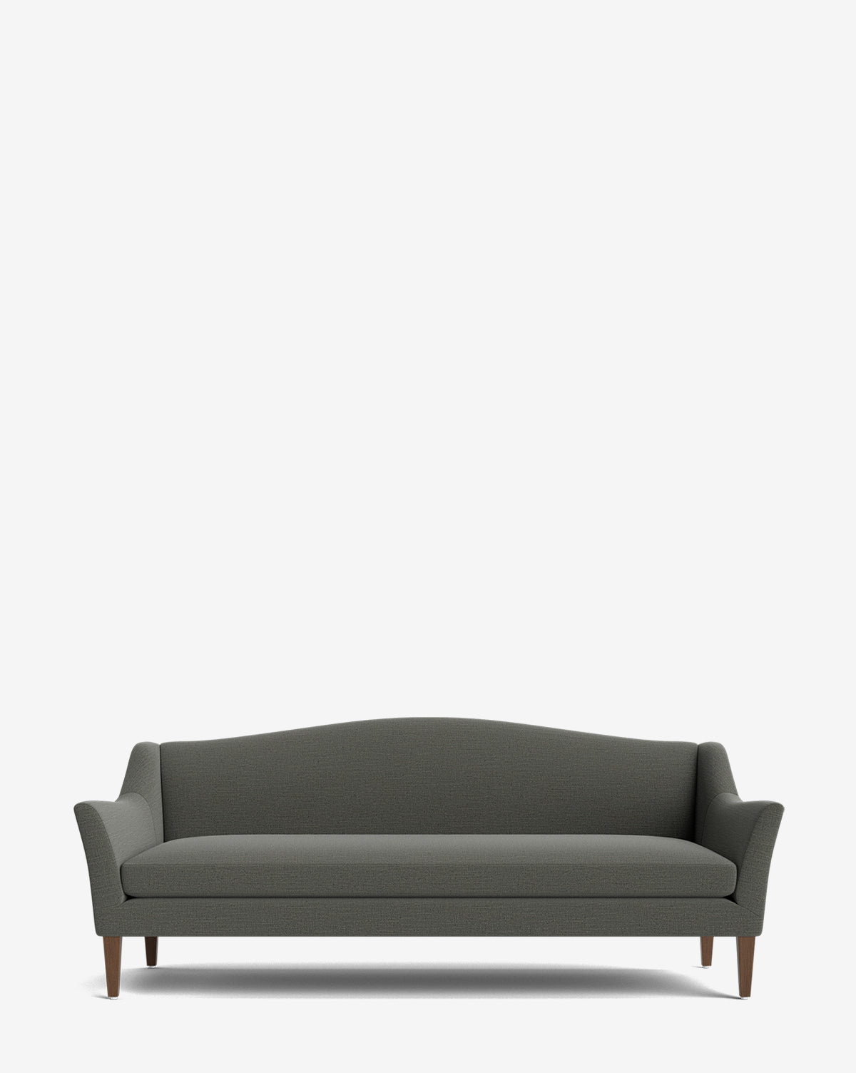The Prudence Sofa 78 boasts a modern dark gray design with a curved backrest, angled armrests, and wooden legs, by McGee & Co. Made with high-quality fabrics, this classic silhouette sofa is shown against a plain white background.