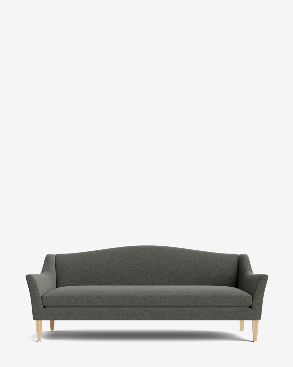 A dark gray Prudence Sofa 78 with a classic silhouette, curved armrests, and light wooden legs made from high-quality fabrics, displayed against a plain white background by McGee & Co.