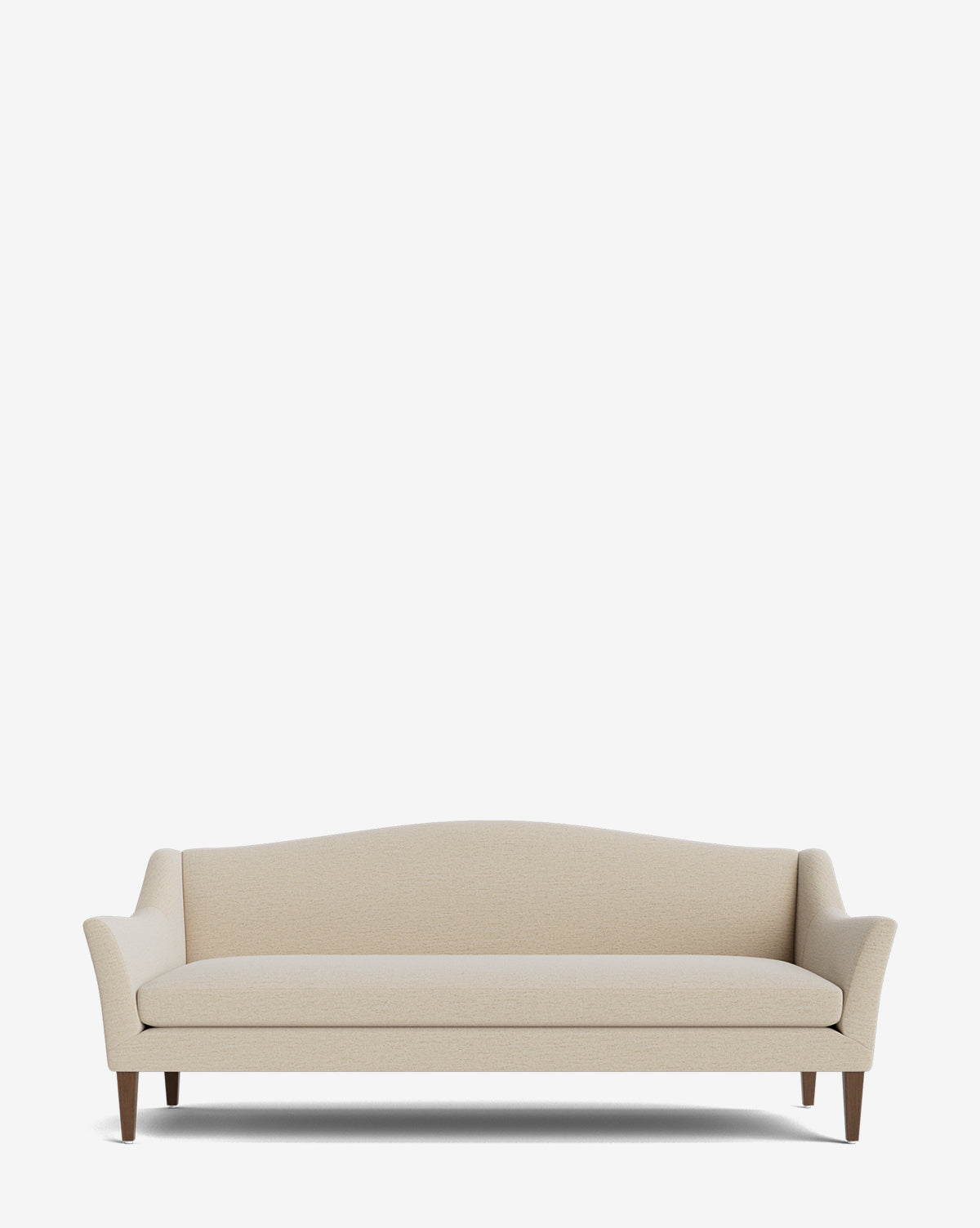 The Prudence Sofa 78 is a beige upholstered sofa with a classic silhouette, gently curved backrest and arms, dark wooden legs, and high-quality fabric, shown against a plain white background by McGee & Co.