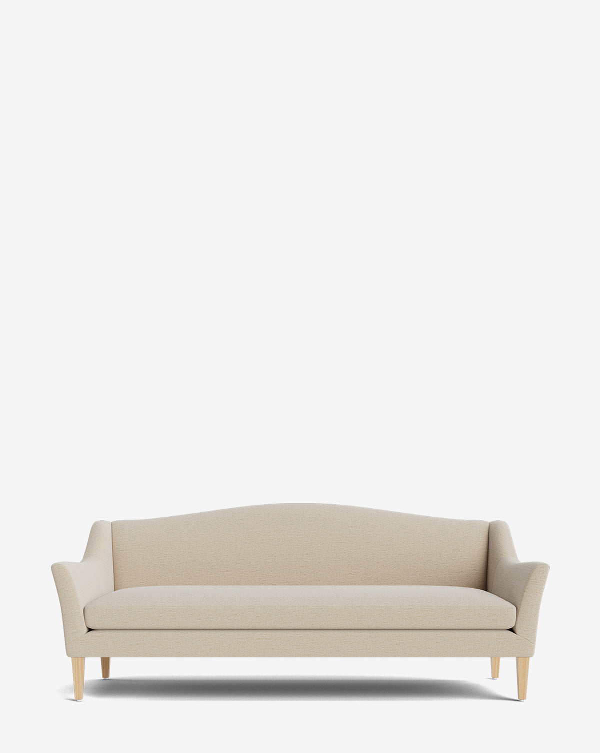The Prudence Sofa 78 is a modern beige upholstered sofa with a gently curved backrest, slim armrests, and light wooden legs, made from high-quality fabrics and shown against a plain white background by McGee & Co.