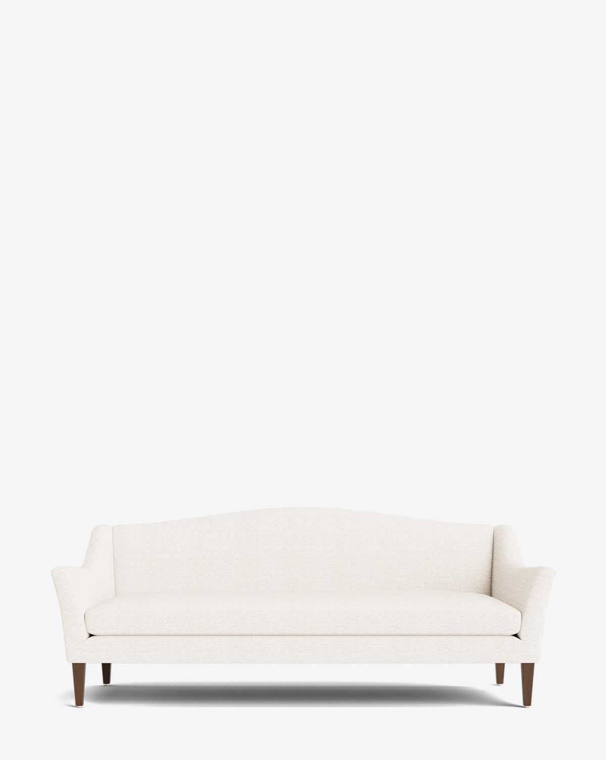 The Prudence Sofa 78 is a modern cream upholstered sofa with wooden legs, a gently curved backrest, and slim armrests. Made from high-quality fabrics, it delivers comfort and timeless style against a plain white background by McGee & Co.