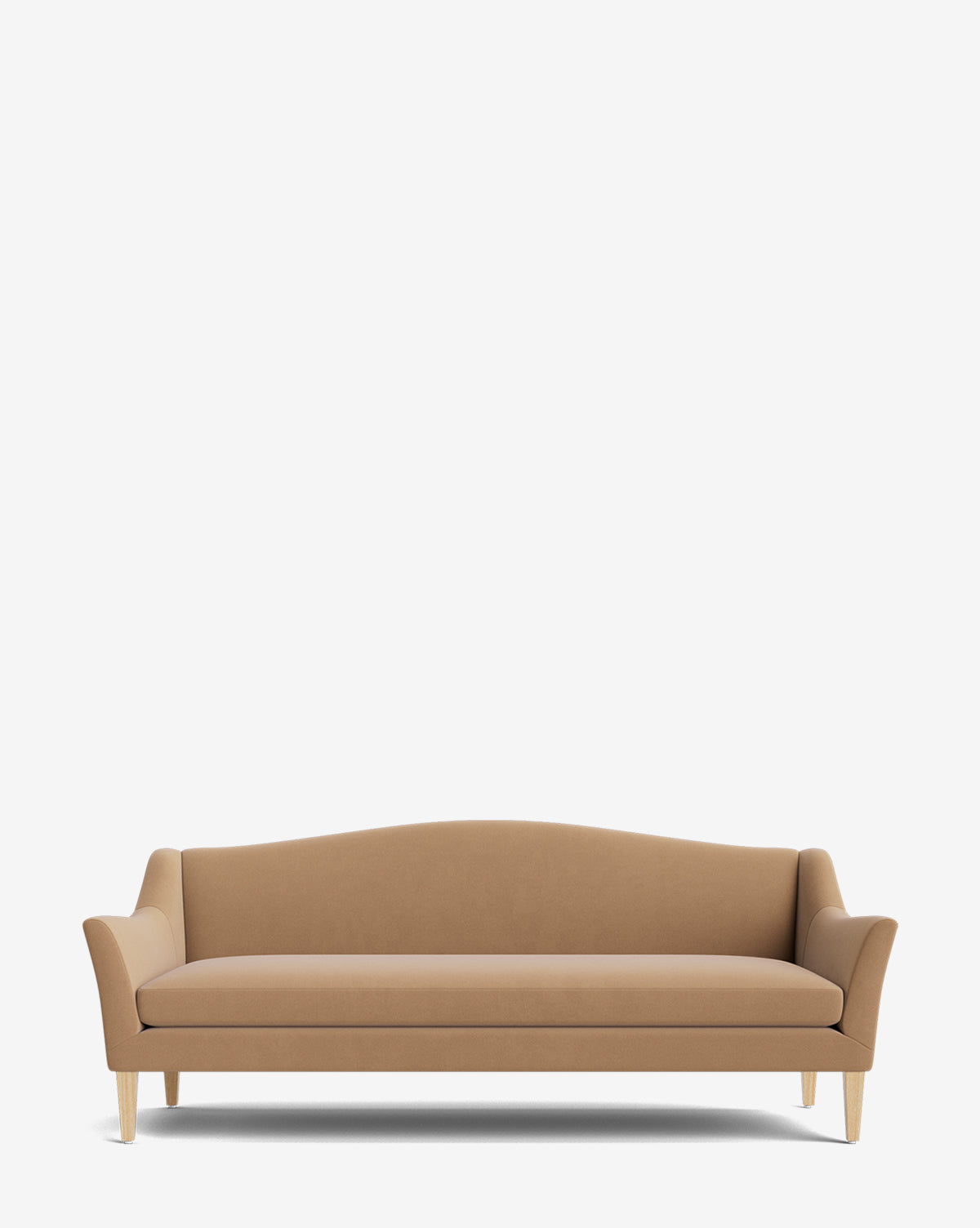 A tan upholstered Prudence Sofa 78 with wooden legs, a gently curved backrest, and slightly flared armrests highlights a classic silhouette against a plain white background, by McGee & Co.