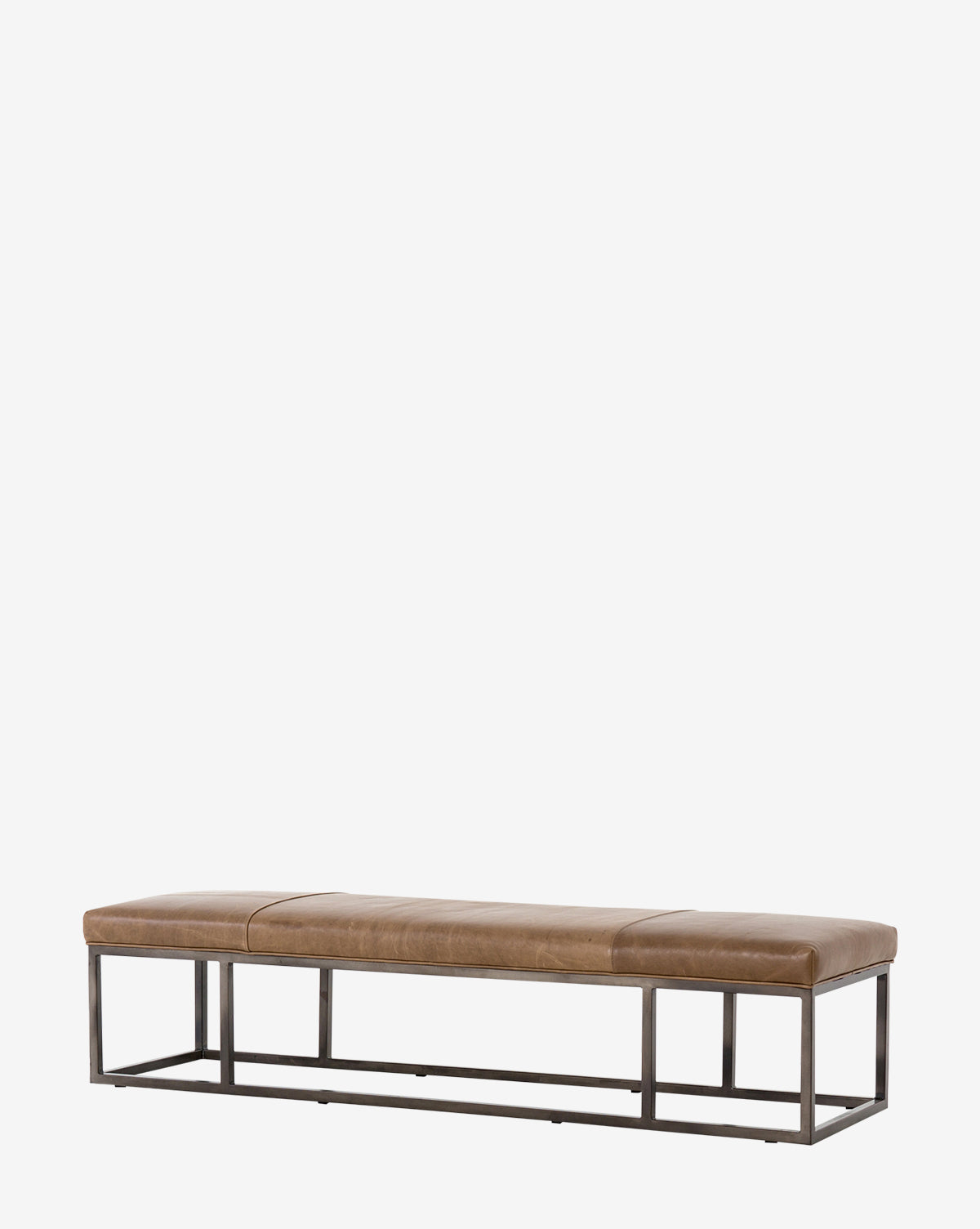 The Quincy Bench showcases a modern iron frame paired with a taupe leather cushion, adding minimalist style to your space, by McGee & Co.