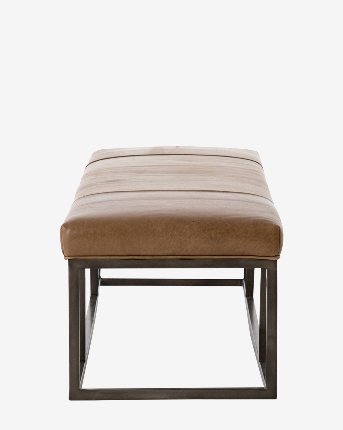 The Quincy Bench has a rectangular taupe leather cushion and a sleek black iron frame, displayed from the front on a white background, by McGee & Co.