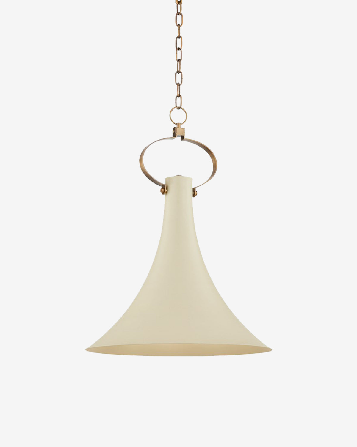 The Radcliff Pendant is a modern light fixture with a wide, flared cream shade suspended from a gold chain and ring, shown on a white background by McGee & Co.