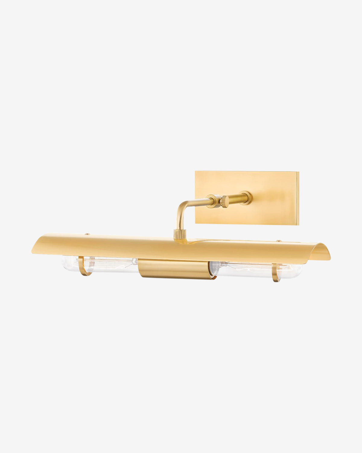 The Raelynn Picture Light by Hudson Valley Lighting features an aged brass finish, rectangular backplate, and curved arm with a horizontal cylindrical shade over two exposed bulbs—ideal for highlighting art or shelving. McGee & Co.