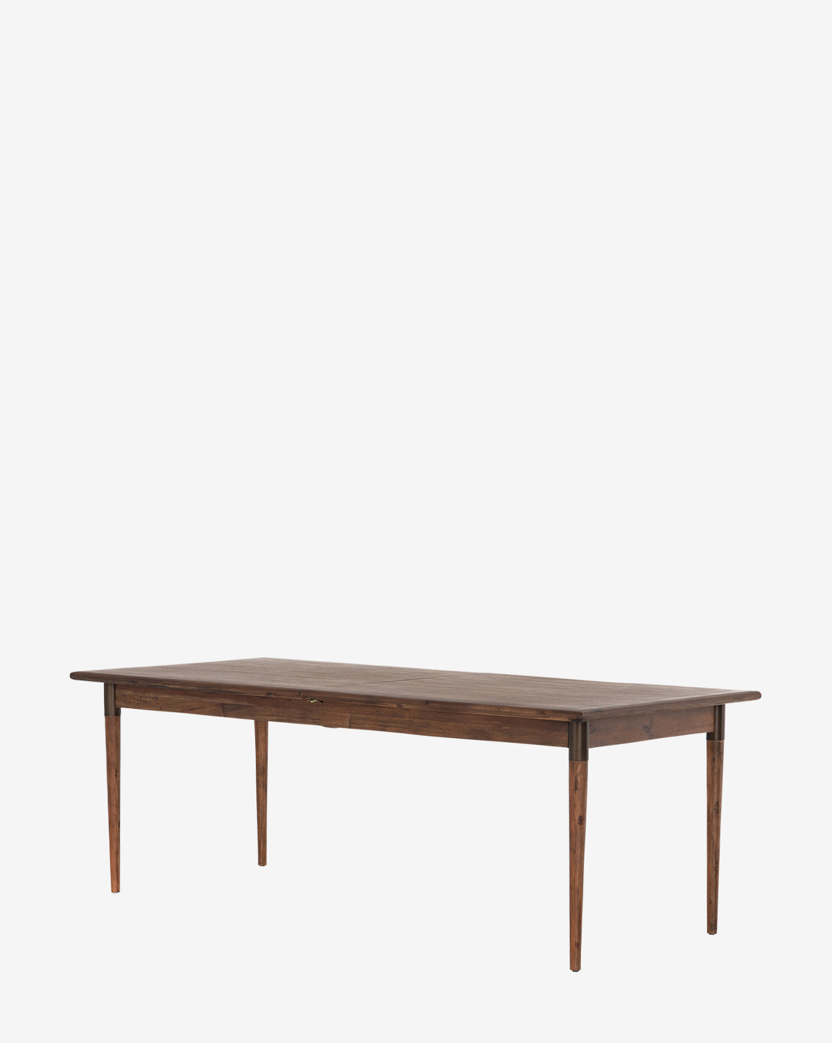 The Redmond Extension Dining Table features a rectangular wood build with a dark brown finish, four slender tapered legs, and minimalist Scandinavian design—ideal for elevating any dining space—shown on a plain white background by McGee & Co.