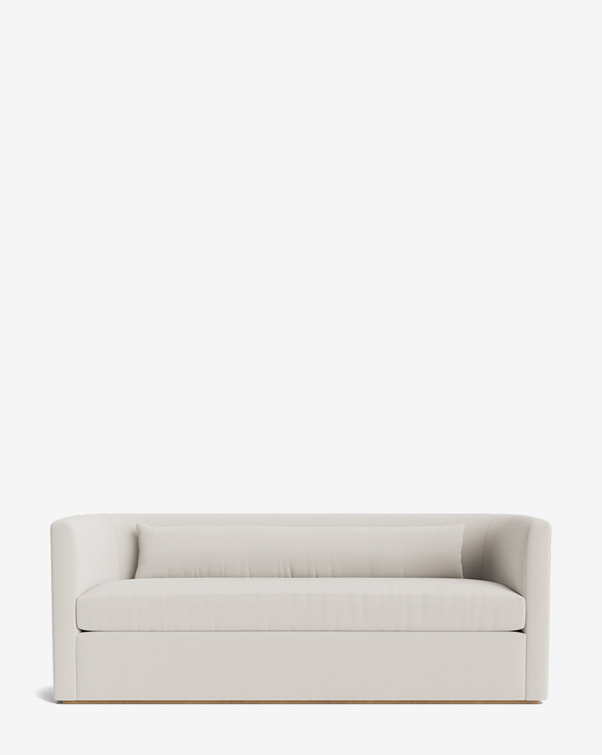 The Reese Sofa (84-96) features a modern, minimalist design with curved arms, a low backrest, a single matching down-wrapped cushion, and a handcrafted alder wood frame, shown against a plain white background by McGee & Co.