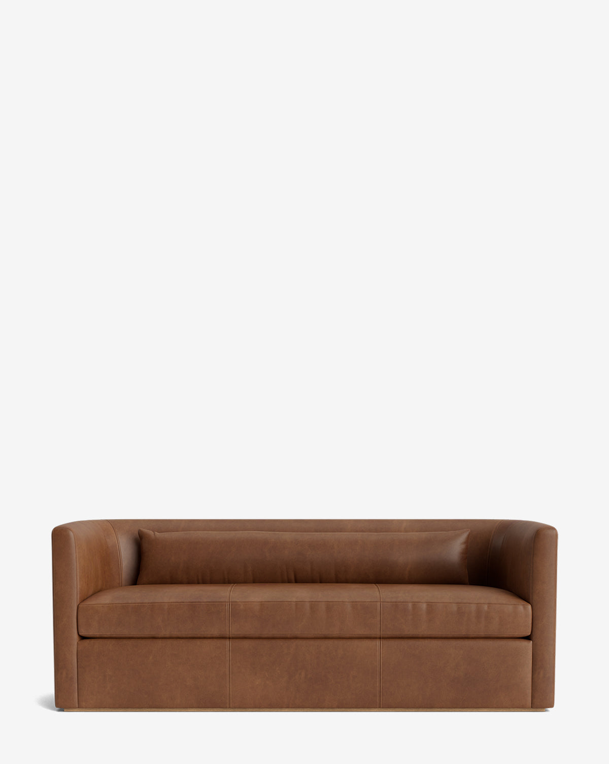 The Reese Sofa (84-96) in brown leather features a low backrest, rounded arms, down-wrapped cushions, and handcrafted alder wood accents, shown against a plain white background by McGee & Co.