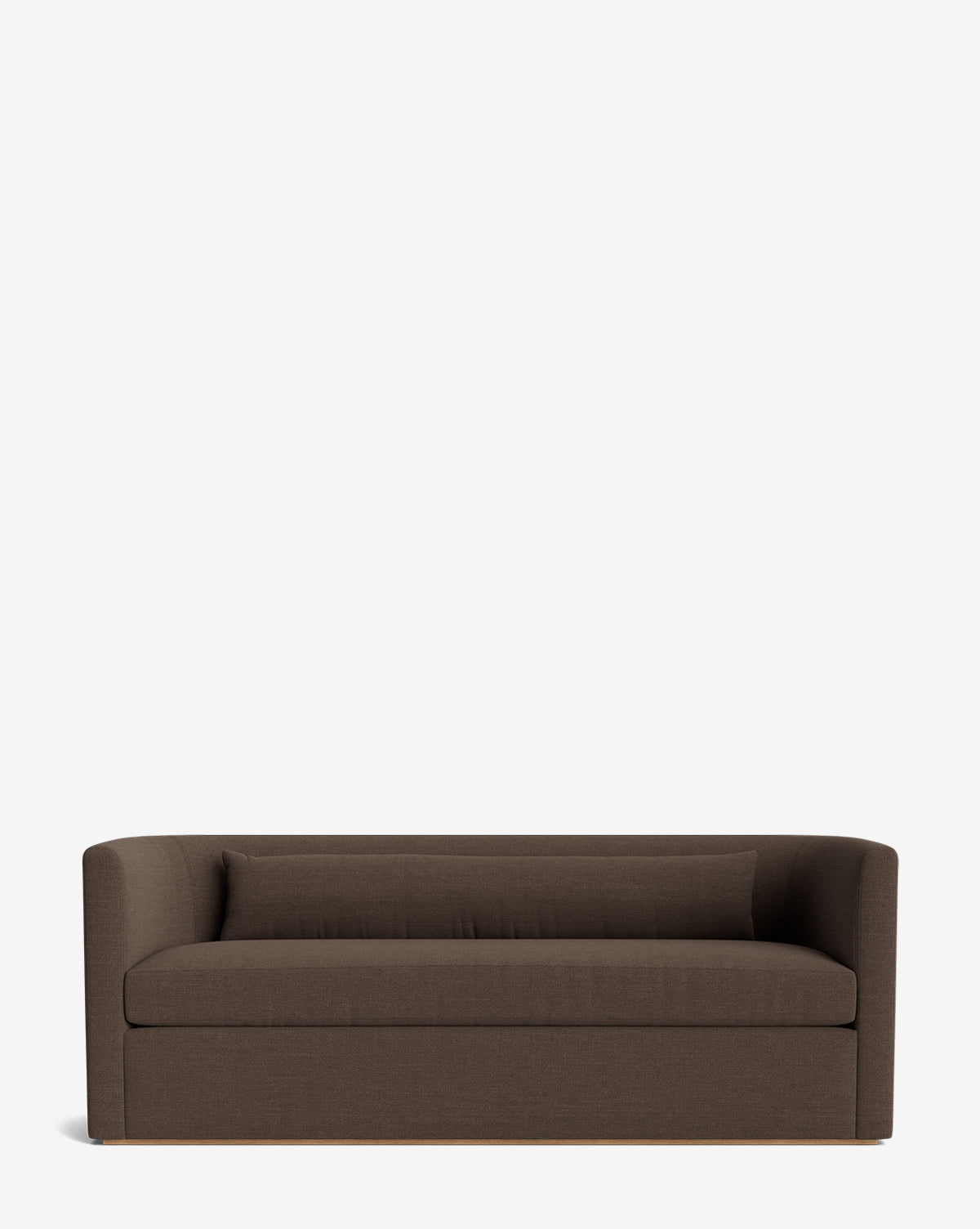 The Reese Sofa (84-96) features a brown upholstered finish, handcrafted alder wood frame, low back and arms, down-wrapped cushions, and a matching rectangular pillow, displayed on a plain white background by McGee & Co.
