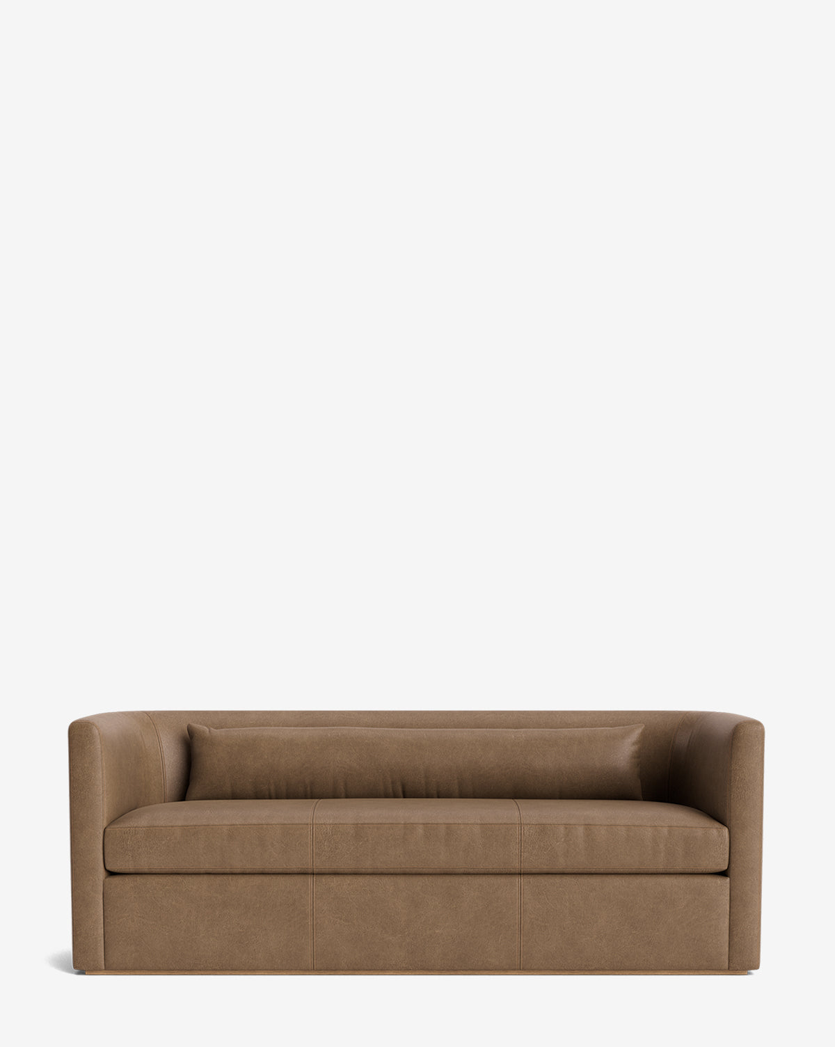 The Reese Sofa (84-96) features down wrapped cushions, a modern brown leather design, low back, and curved armrests, set against a plain white background by McGee & Co.