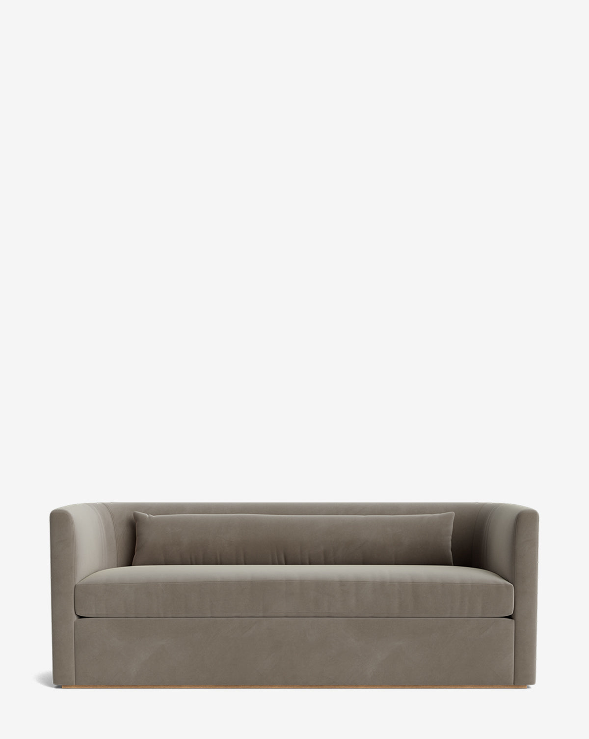 A modern Reese Sofa (84-96) in gray velvet with curved armrests, handcrafted alder wood frame, and a matching rectangular back cushion, displayed against a plain white background by McGee & Co.