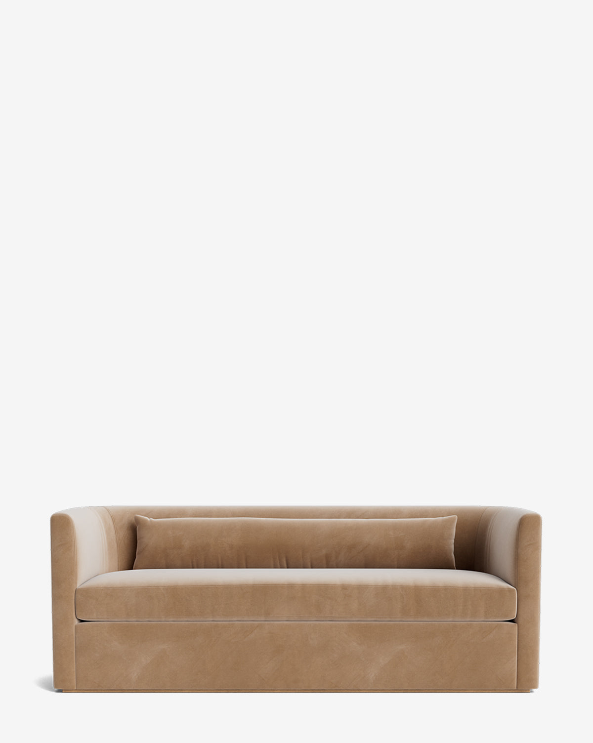 The Reese Sofa (84-96) features down-wrapped cushions, a modern light brown velvet design, a cylindrical backrest, and a matching long bolster pillow, all set against a plain white background by McGee & Co.