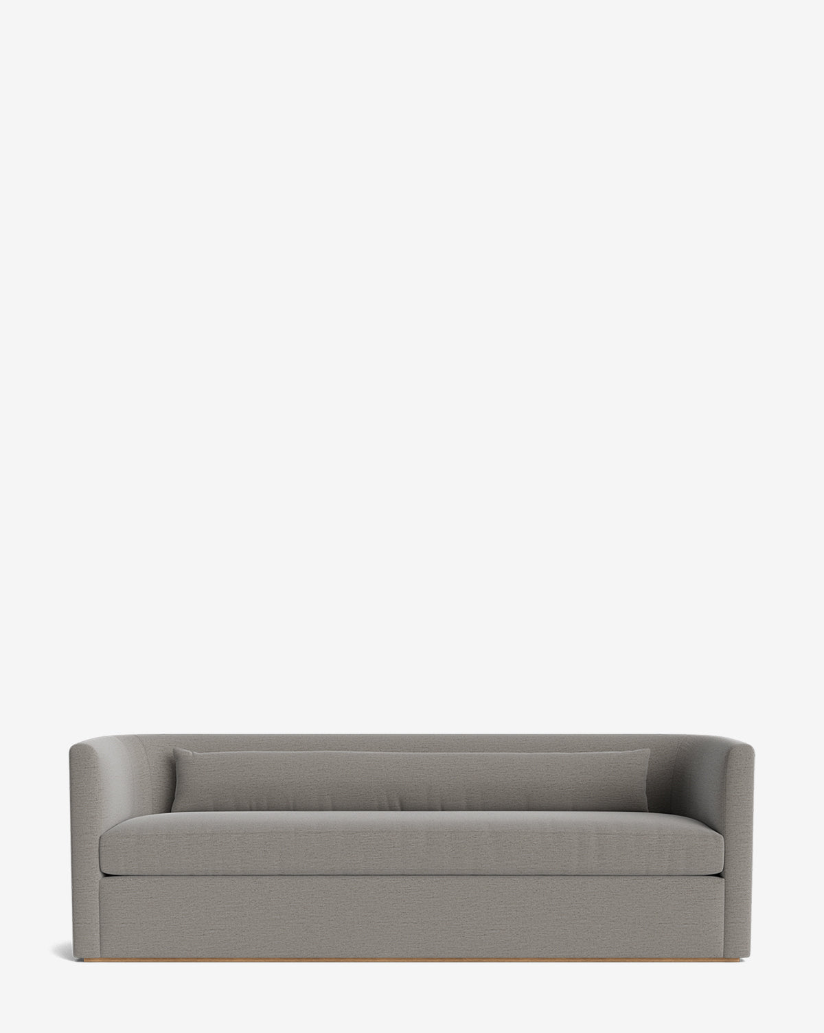 The Reese Sofa (84-96) showcases a modern grey fabric, curved armrests, handcrafted alder wood frame, and a single back cushion against a plain white background, by McGee & Co.