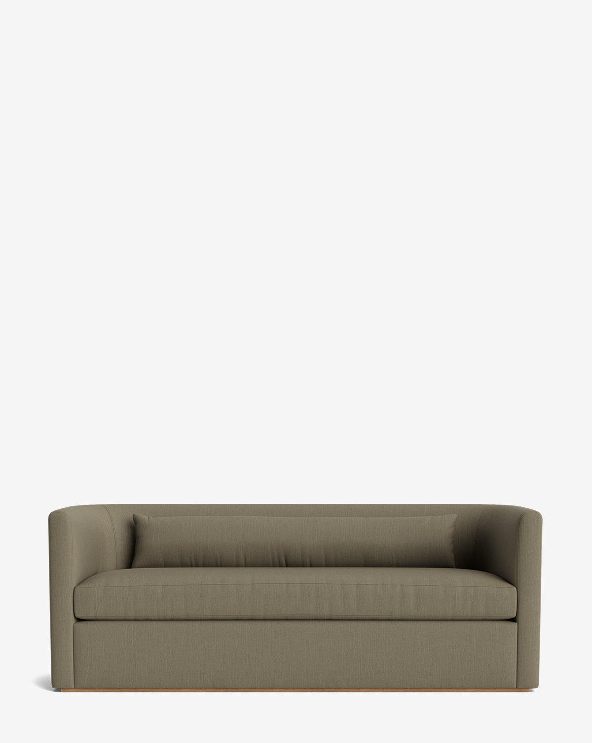The Reese Sofa (84-96) in olive green features down-wrapped cushions, low arms, a clean-lined silhouette, a matching rectangular cushion, and handcrafted alder wood legs, shown against a plain white background by McGee & Co.