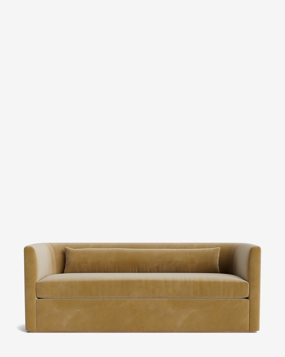 The Reese Sofa (84-96) in mustard-yellow velvet features a rectangular shape, low curved arms, a straight back, and down-wrapped cushions on handcrafted alder wood legs, shown against a plain white background by McGee & Co.