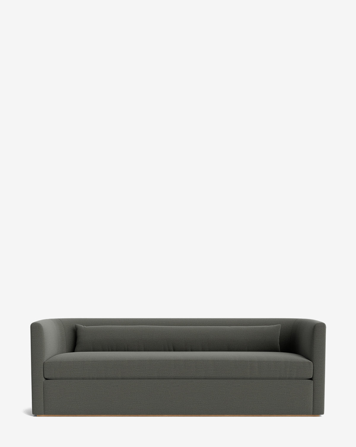 The Reese Sofa (84-96) features handcrafted alder wood, down-wrapped cushions, straight arms, and a low backrest, by McGee & Co. Its minimalist design includes a single long seat and matching back cushion, all shown against a white background.
