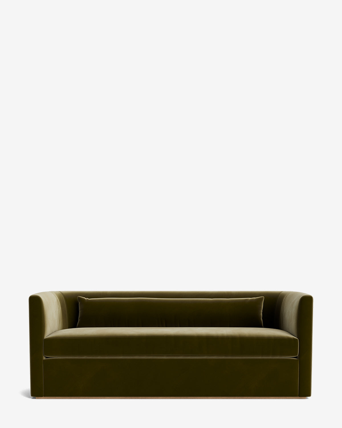 The Reese Sofa (84-96) features modern olive green velvet upholstery, clean lines, low arms, a handcrafted alder wood frame, and a matching rectangular back cushion set against a plain white background by McGee & Co.