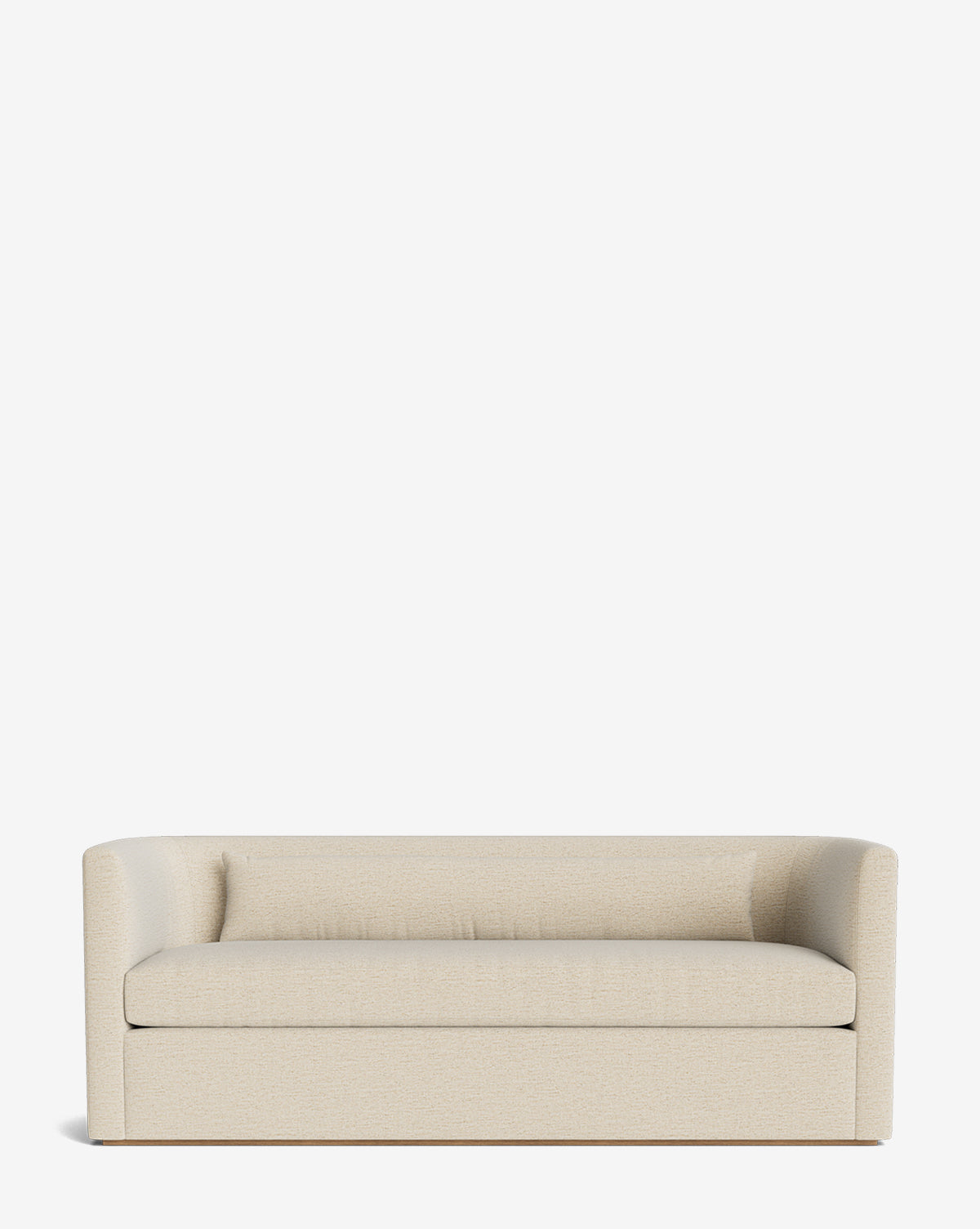 The Reese Sofa (84-96) is a modern beige upholstered piece with down-wrapped cushions, low back and arms, handcrafted alder wood, and minimalist design, shown on a plain white background by McGee & Co.