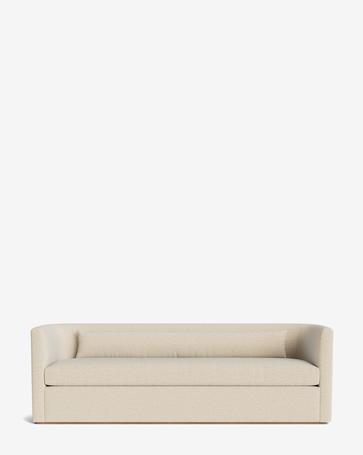 The Reese Sofa (84-96) features a modern beige design with curved arms, a boxy base, handcrafted alder wood legs, and plush down-wrapped cushions, shown against a plain white background by McGee & Co.