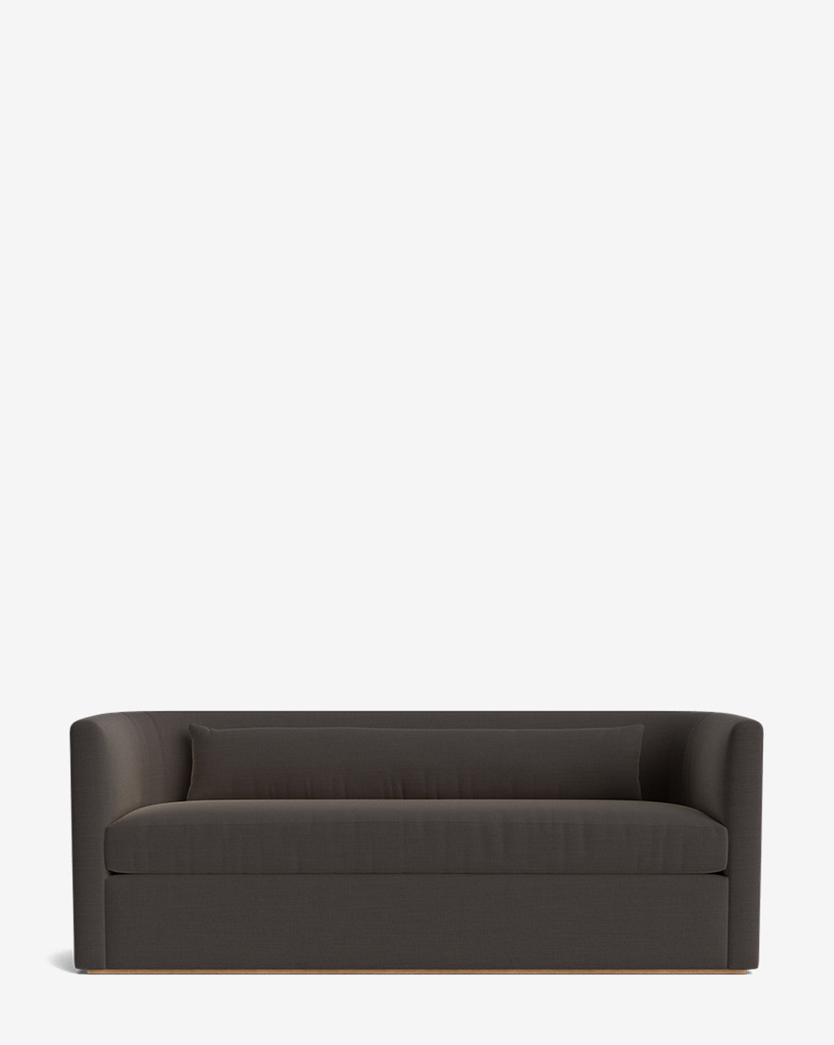 The Reese Sofa (84-96) in dark grey features modern curved armrests, a single back cushion, down-wrapped seats, and handcrafted alder wood details, set against a plain white background by McGee & Co.