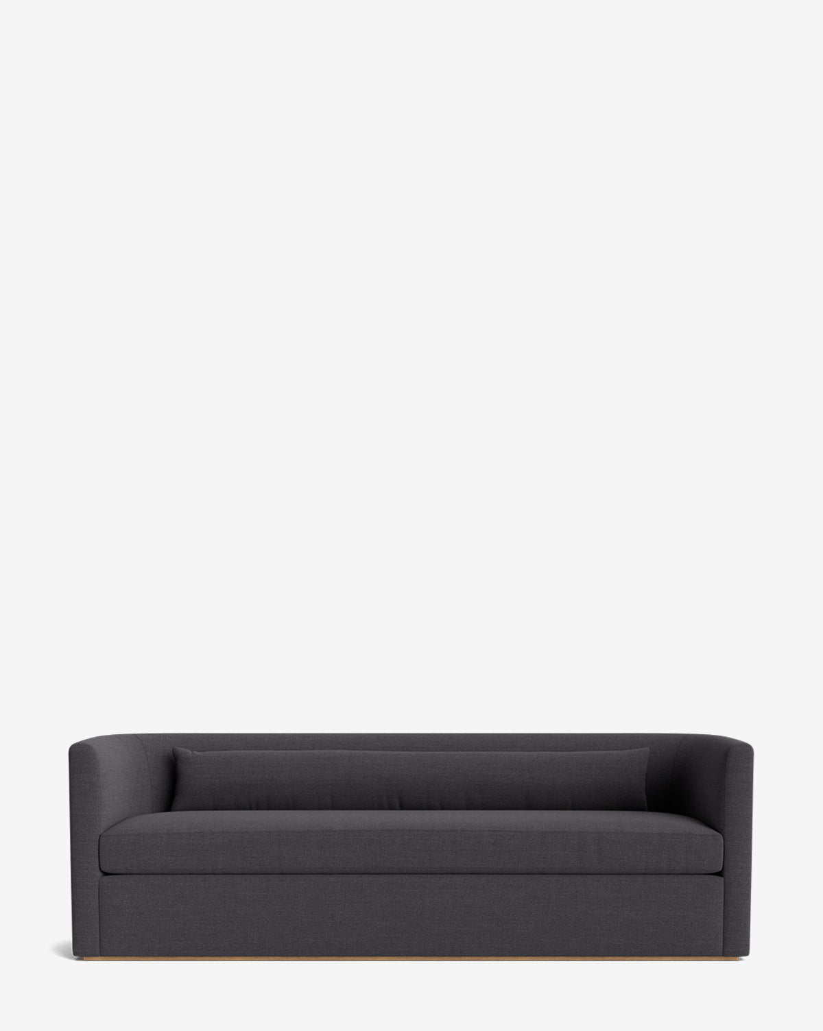 The Reese Sofa (84-96) showcases a modern dark gray upholstered design with straight lines, low backrest, wide armrests, down wrapped cushions, and a durable handcrafted alder wood frame on a plain white background by McGee & Co.