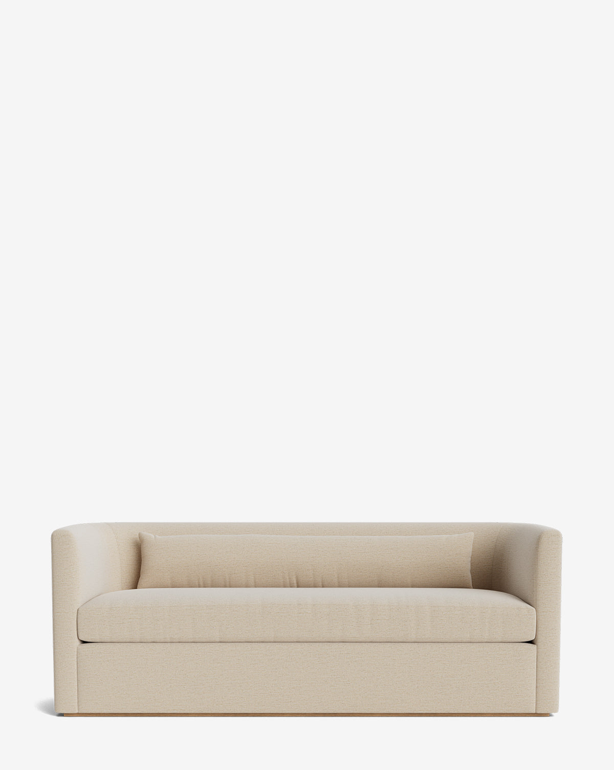 The Reese Sofa (84-96) showcases a modern light beige look with low, rounded arms, a matching rectangular cushion, handcrafted alder wood frame, and down-wrapped cushions for comfort and durability—displayed against a plain white background by McGee & Co.