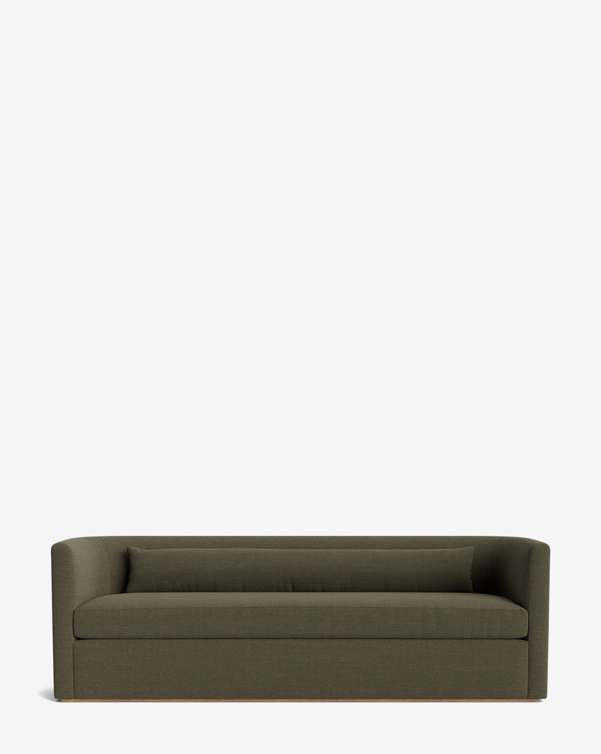 The Reese Sofa (84-96), a modern minimalist piece in dark olive green with low arms, a single down-wrapped cushion, and a handcrafted alder wood frame, is set against a plain white background by McGee & Co.