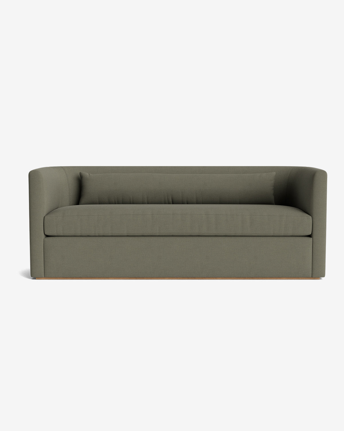 The Reese Sofa (84-96) is a modern olive green piece with down-wrapped cushions, a single long back cushion, rounded arms, and a handcrafted alder wood base, shown against a plain white background by McGee & Co.
