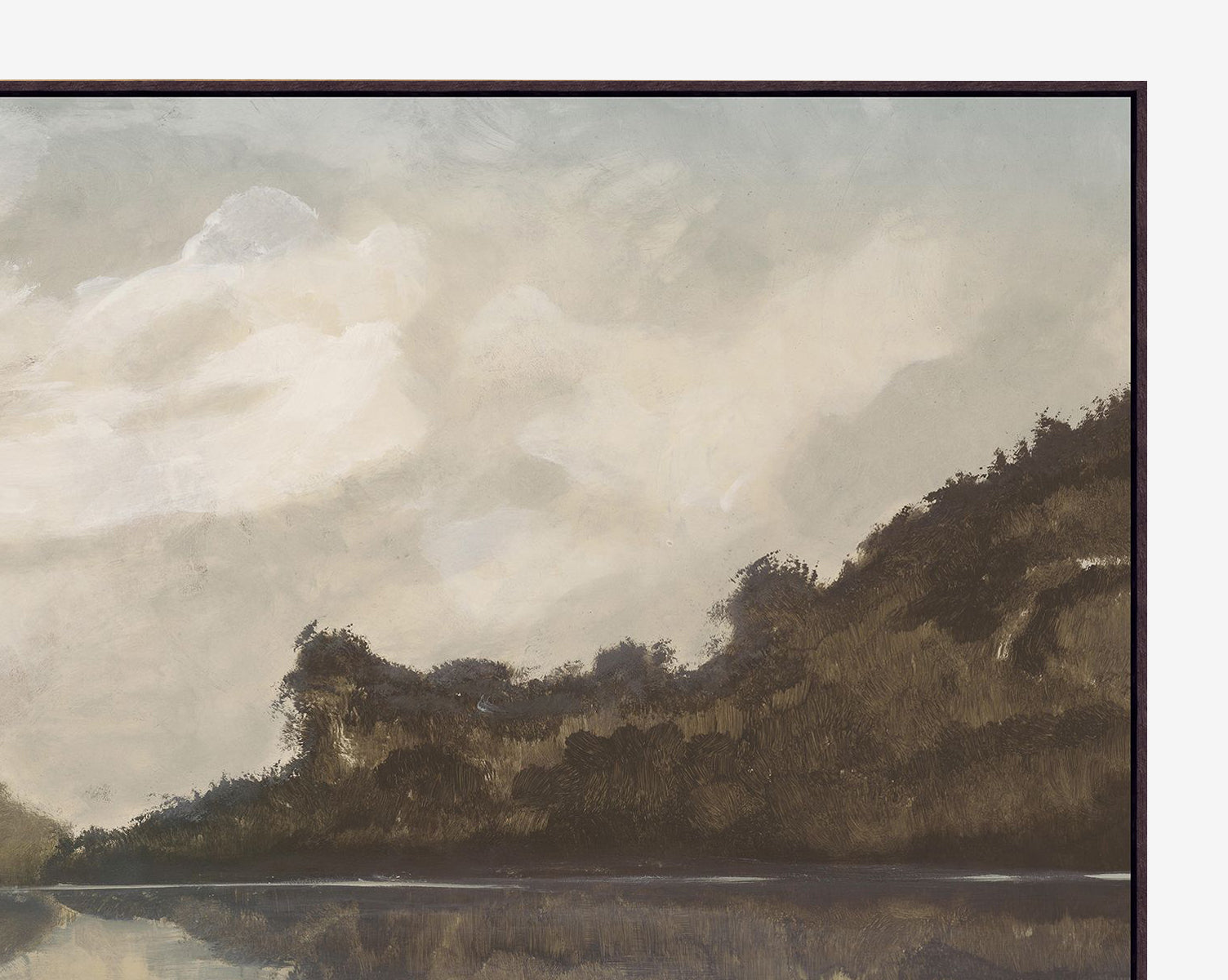 Reflection of the Dawn is a painting of tree-covered hills mirrored on tranquil water under a cloudy sky. Rendered in muted, earthy tones, this artwork arrives ready to hang in a sleek wood floater frame, by McGee & Co.