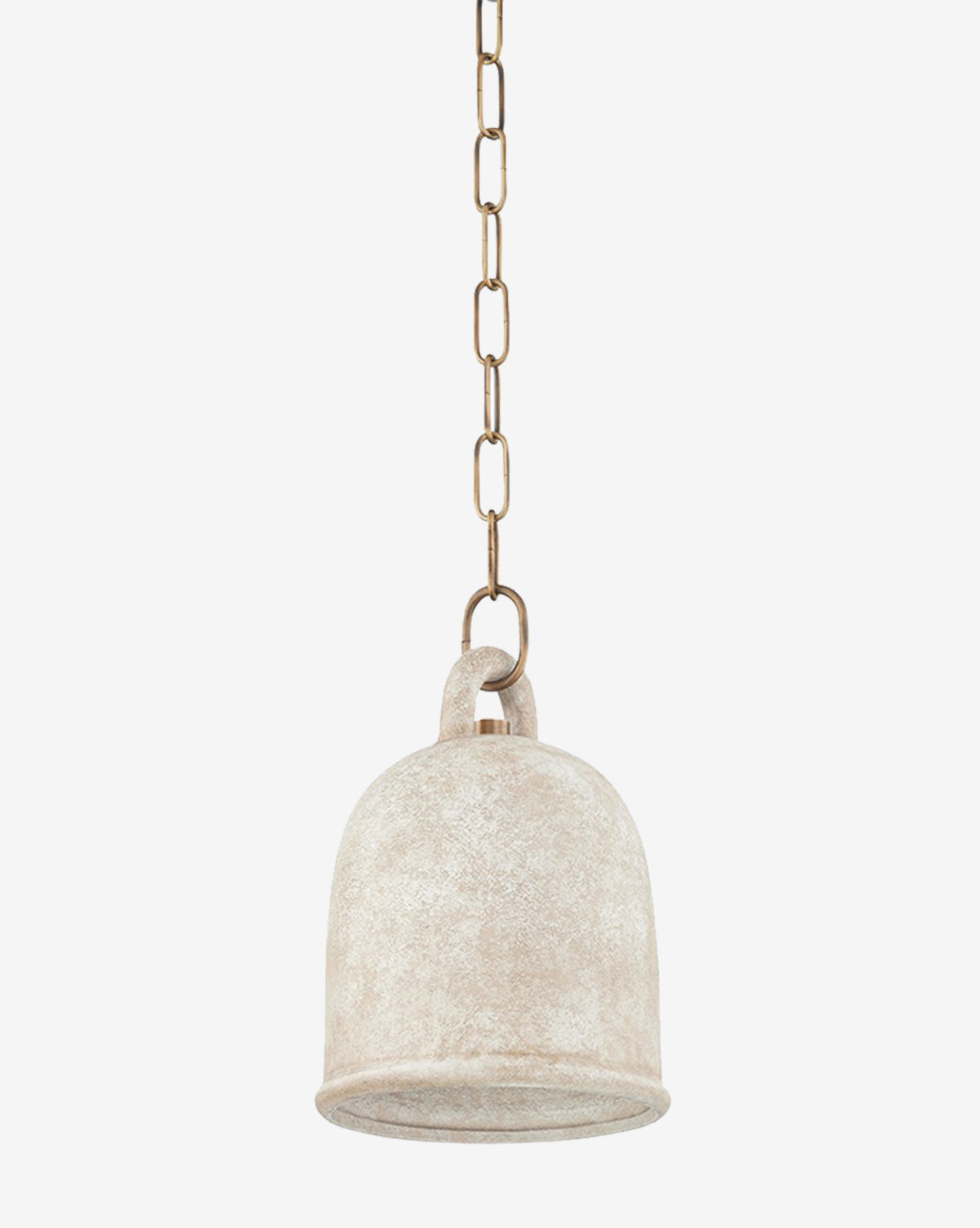 A Relic Pendant with a dome-shaped, textured off-white ceramic shade is suspended from a patina brass chain against a plain white background by McGee & Co.