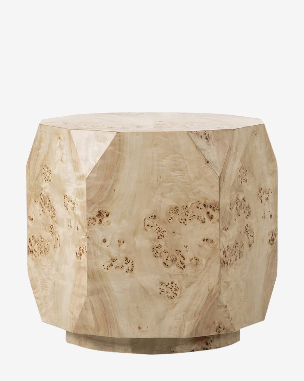 The Remy End Table features a round, faceted poplar burl design with a natural light wood finish, visible grain patterns, and a plinth base for an organically elegant, rustic yet contemporary look, by McGee & Co.