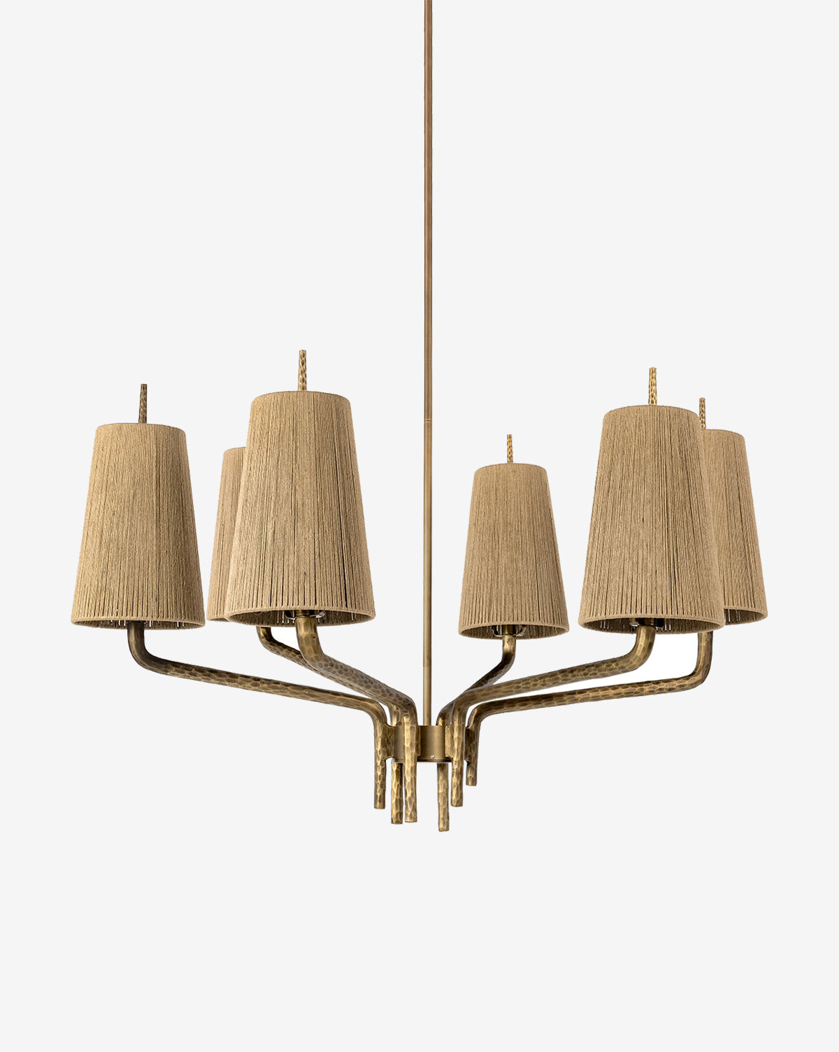 The Renee Chandelier by Palecek features six curved arms with beige textured jute shades, all suspended from a central rod, McGee & Co.