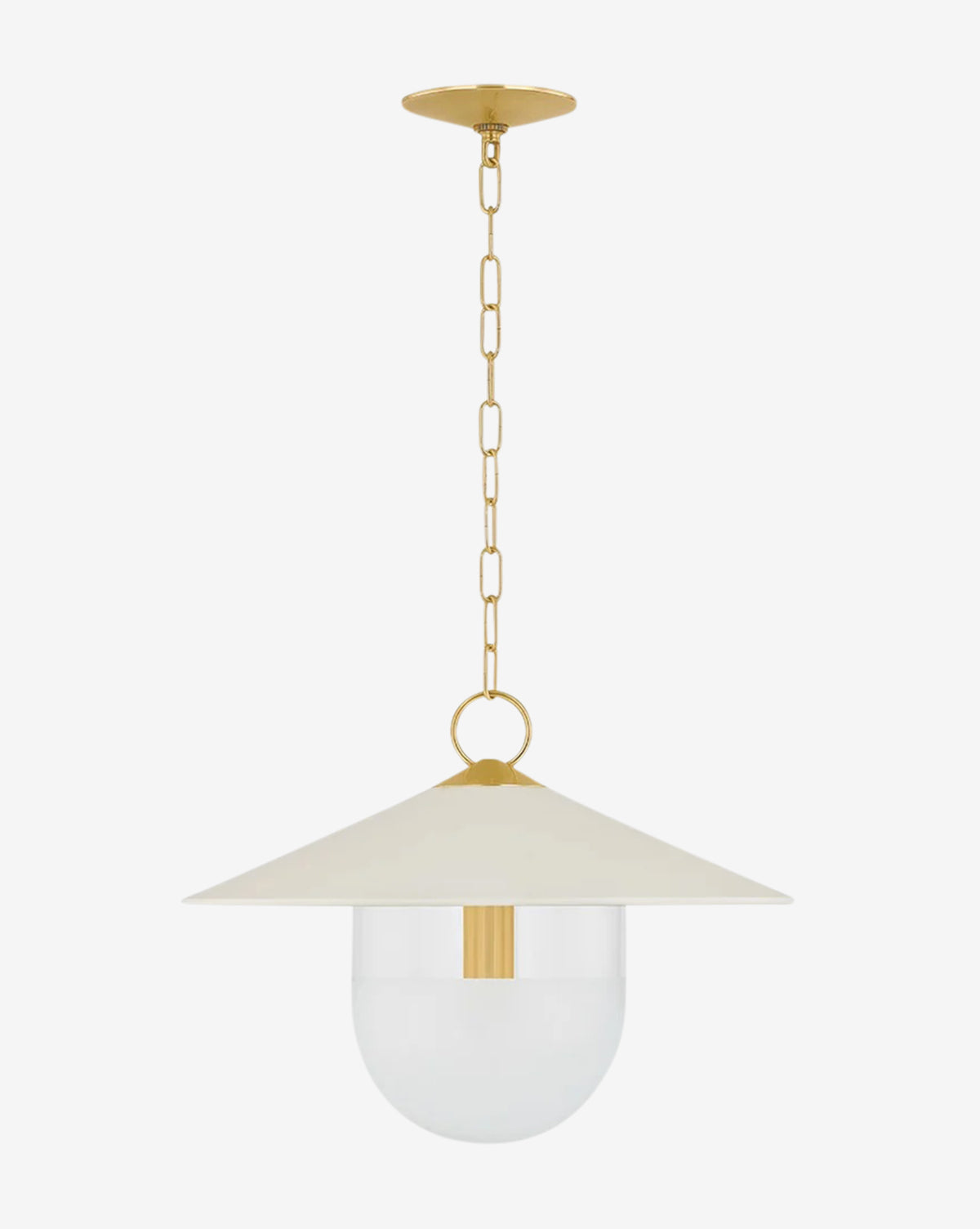 The Ressi Pendant features a gold chain, circular ceiling mount, wide white cone-shaped glass shade, and a clear globe encasing a gold fixture in an aged brass finish, by McGee & Co.