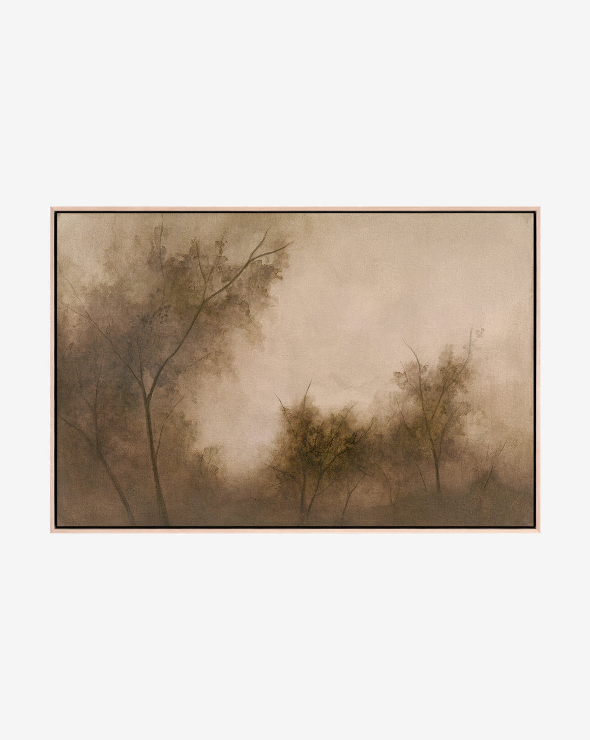 Restored by Brittany Schulz is a muted, sepia-toned painting on museum-quality canvas, featuring dramatic landscapes with faint bare trees and hazy light, creating a tranquil and mysterious atmosphere, by McGee & Co.